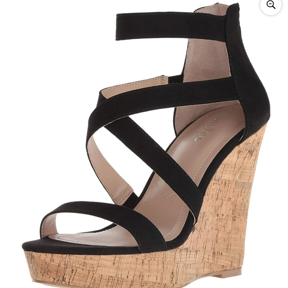 Charles David Alexa Microsuede Black Platform Cork Wedge Sandals strappy ankle 9